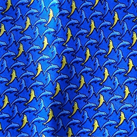 Dolphin 100% Silk Neck Tie Blue and Yellow Nautical Coastal Beach Ocean Sea - Picture 1 of 4
